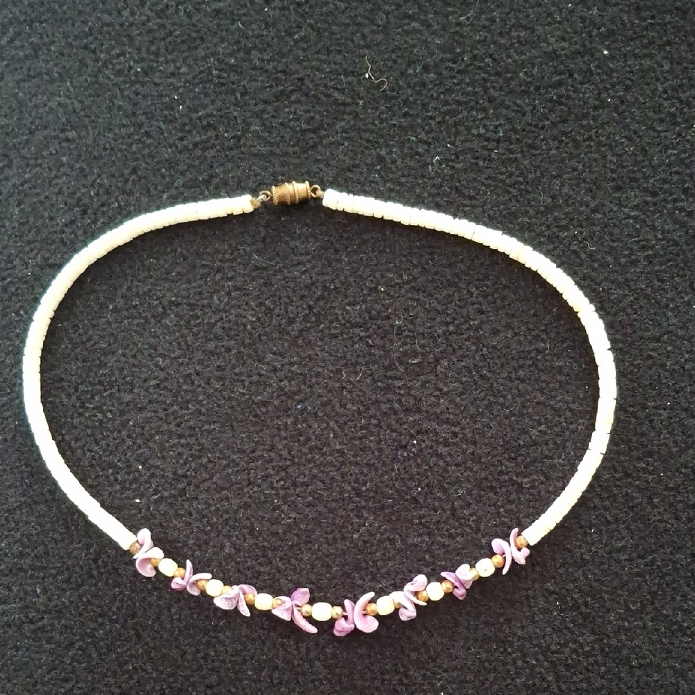 Elegant White and Purple Mother of Pearl Beaded Necklace, 16 Inches